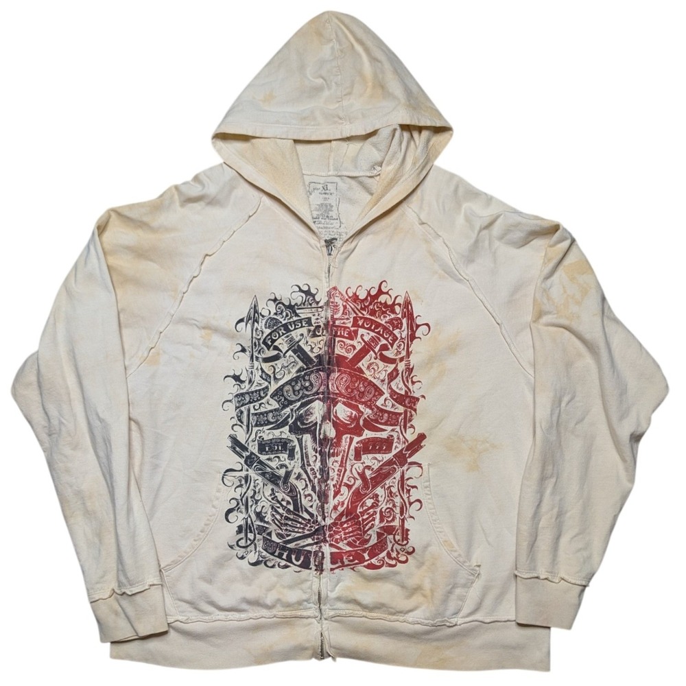 Hurley Y2k XL Cream Distressed Full Zip Hoodie Skull Graphic Sweatshirt